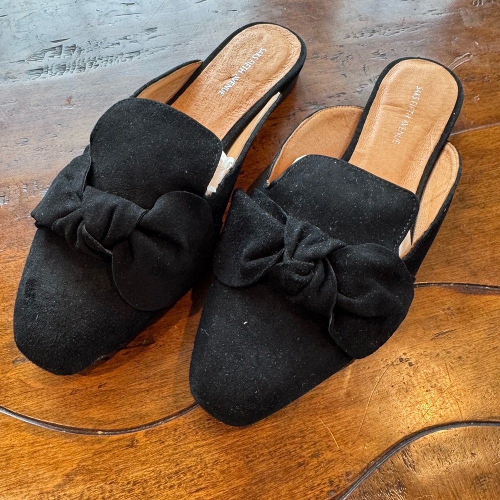 Saks Fifth Avenue Black Suede Bow Clogs
